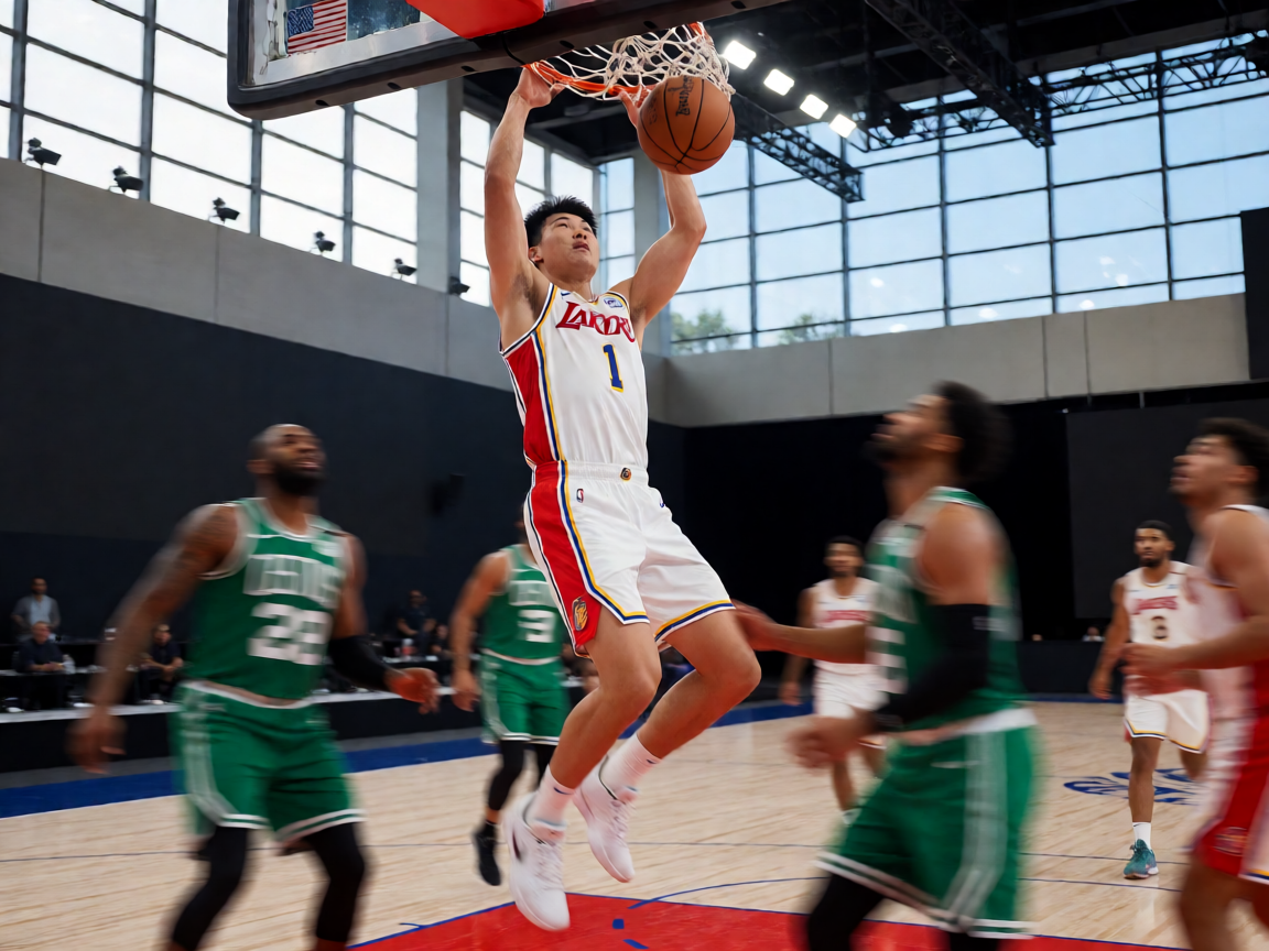 NBA篮球比赛现场,球员在空中完成扣篮动作